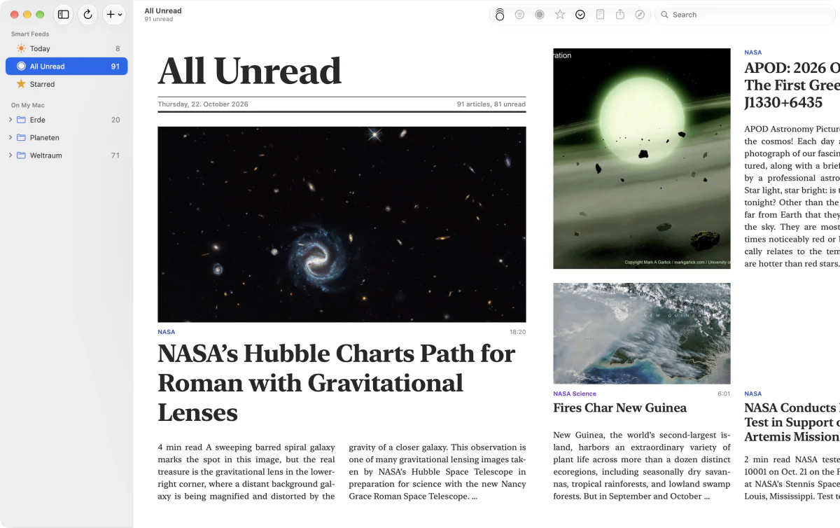 Die Magazinansicht von RSS Feed Magazine mit Titelkopf „All Unread“, großem Aufmacher und Bildmeldungen