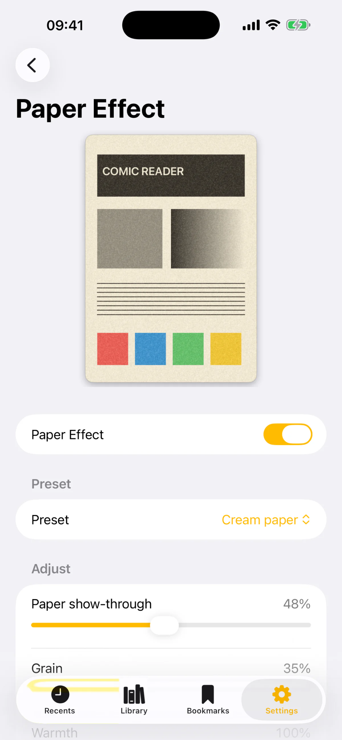 Die Einstellungsseite „Paper Effect“ mit einer Musterseite in Creme, darunter Schalter, Voreinstellung „Cream paper“ und Regler für Durchscheinen und Korn