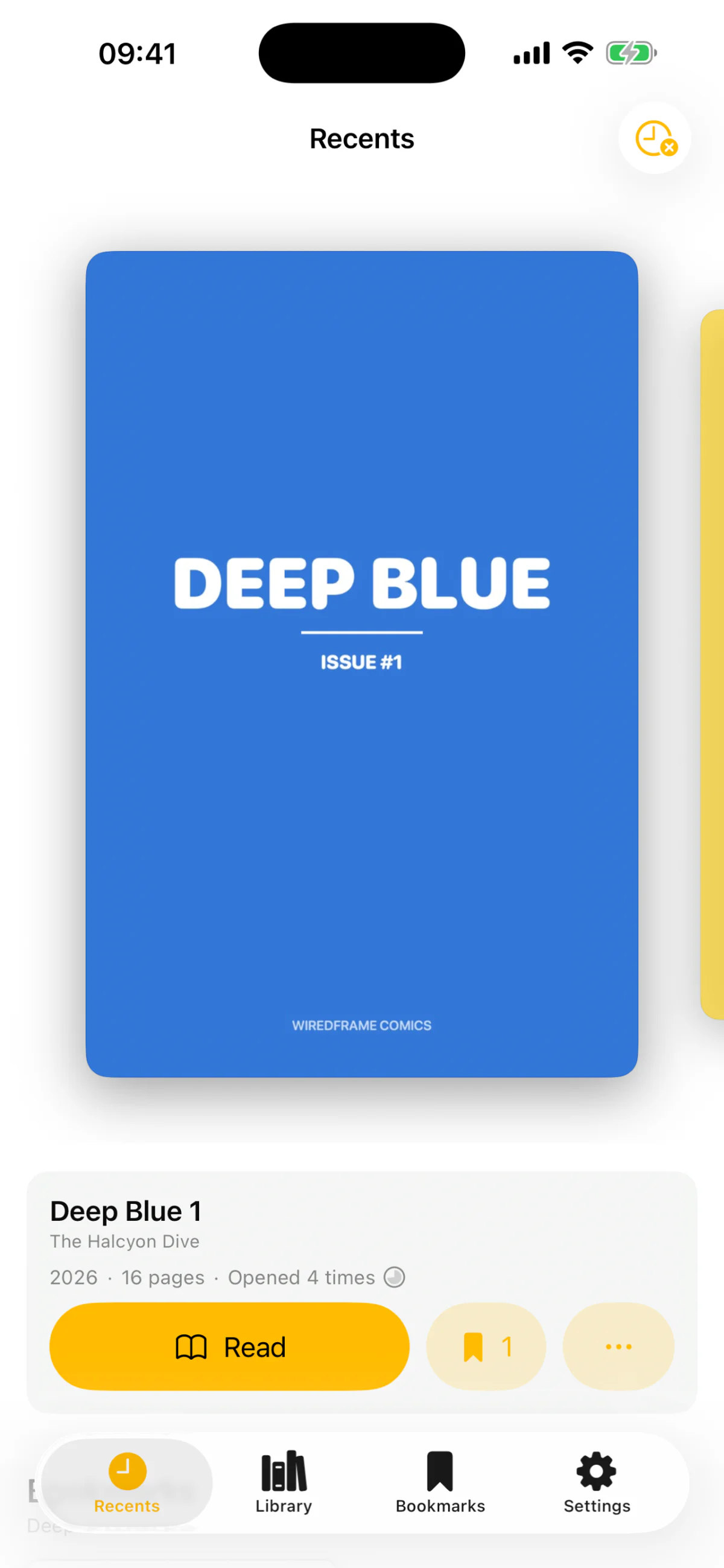 Die Ansicht „Recents“ mit dem Cover des Demo-Comics „Deep Blue“ im Karussell, darunter Titel, Seitenzahl und der Knopf „Read“